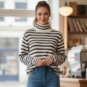 IRO Sweater Women's XS Alpaca Wool‎ Knit Black White Stripes Turtle Neck Preppy